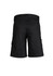 A pair of black women's utility shorts featuring side pockets and a waistband. The back view is displayed.