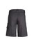 A pair of dark grey utility shorts with cargo pockets and a waistband, featuring a logo on the back.