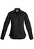 A women's lightweight long sleeve shirt in black, featuring a button-up front and a chest pocket, with branding.