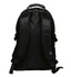 A black backpack with adjustable straps, featuring a handle on top and a logo.