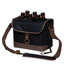 A drink bottle cooler in black and brown, featuring a shoulder strap and compartments for holding multiple bottles.