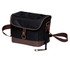 A drink bottle cooler in black and brown with a flap closure and an adjustable strap, featuring a logo.