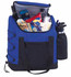A blue and black bag filled with snacks, drinks, and a drink bottle, featuring multiple pockets and a zippered top.