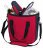 A red and grey cooler bag with a bottle, container, and fruit visible inside. It has a shoulder strap and branding.