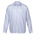 A light blue and white checked button-up shirt with a collar and long sleeves, featuring a logo.