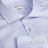 A blue and white check button-up shirt with a collar and a branding label inside.