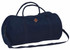 A navy blue duffle bag with dual handles, a shoulder strap, and a logo patch on the side.