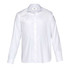 A white long-sleeved button-up shirt with a collar and a logo. Suitable for corporate wear.