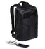 A black backpack with a sleek design, featuring a logo and a mobile charging port at the front.
