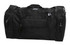 A black duffle bag featuring multiple zippered compartments and a mesh pocket, with a logo on the front.