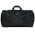 A black duffle bag featuring a front pocket and dual handles, with a zipper closure and a sleek design.