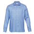 A button-up shirt in light blue with a classic fit and long sleeves, featuring a subtle pattern and a logo.