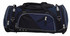 A duffle bag in black and navy blue, featuring multiple zippered compartments and adjustable straps.