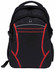 A black backpack with red accents features multiple compartments and a side mesh pocket, including a logo.