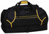 A black duffle bag with yellow accents and double zipped compartments, featuring handles and a detachable strap.