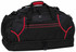 A black duffle bag with red accents, featuring multiple zippered compartments and a sturdy handle.