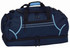 A navy blue duffle bag with grey accents, featuring multiple zippered compartments and a sturdy handle.