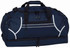 A navy duffle bag made of durable fabric, featuring multiple zippered compartments and carrying handles.
