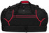A black duffle bag with red accents, featuring multiple zippered compartments and sturdy handles. It has a logo.