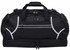 A black duffle bag with reflective accents and multiple compartments, featuring two handles and zippers.