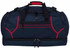 A duffle bag in navy blue with red accents, featuring multiple zippers and handles, and a branded logo.