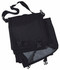 A black sports blanket with straps and clips, neatly folded for storage. It has a simple, functional design.