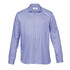 A men's button-up shirt featuring a purple and white check pattern, crafted from breathable fabric, with a collar and logo.