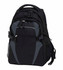 A black and grey backpack with multiple compartments and mesh side pockets. It features a logo on the front.