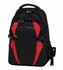 A black backpack with red accents features multiple compartments and a side mesh pocket. It has a logo on the front.