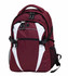 A maroon and white backpack with multiple compartments, zippers, and a side mesh pocket. It features a logo.