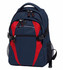 A Spliced Zenith Backpack in navy blue and red with multiple compartments and a mesh side pocket. It features a logo.