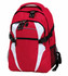 A red and white Spliced Zenith Backpack featuring multiple compartments and mesh side pockets. It has a logo.