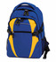 A blue and yellow backpack featuring multiple compartments, zippers, and mesh side pockets. It has a logo on the front.