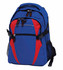 A blue and red backpack with multiple compartments, featuring adjustable straps and a side mesh pocket.