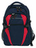 A navy blue and red backpack with multiple compartments and a mesh side pocket. It features a logo on the front.