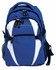 A blue and white backpack featuring multiple compartments, zippers, and a mesh side pocket. It includes a logo.