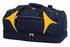 A navy blue duffle bag with yellow accents and multiple zippered compartments. The bag features a logo on the side.