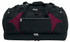 A large black duffle bag with maroon accents and multiple zippered compartments. It features handles and a logo.