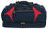 A navy blue duffle bag with red accents, featuring multiple zippered compartments and sturdy black handles.