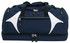A navy blue duffle bag with white accents and zippers, featuring a logo on the front.