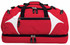 A red duffle bag with white accents, featuring multiple zippered compartments and black handles.