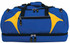 A blue and yellow duffle bag with multiple zippered compartments and a top handle. It features branding.
