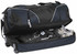 A wheeled travel bag in black, partially open, revealing grey and black clothing inside. It has a logo on the side.
