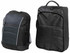 A black wheeled travel bag with multiple compartments, featuring a mesh pocket and a sturdy handle.