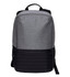 A grey and black backpack featuring a sleek design and a logo on the front. It has adjustable shoulder straps.