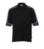 A black polo shirt with navy sleeves and white piping, featuring a logo on the chest.