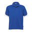 A blue polo shirt with white accents, featuring a collar and buttons, and a logo on the side.