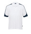 A white polo shirt with navy blue sleeves and a collar, featuring a brand logo.