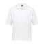 A white polo shirt featuring short sleeves and a collar, with a logo on the chest area.