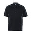 A black polo shirt featuring grey detailing and stripes, with a subtle logo on the chest.